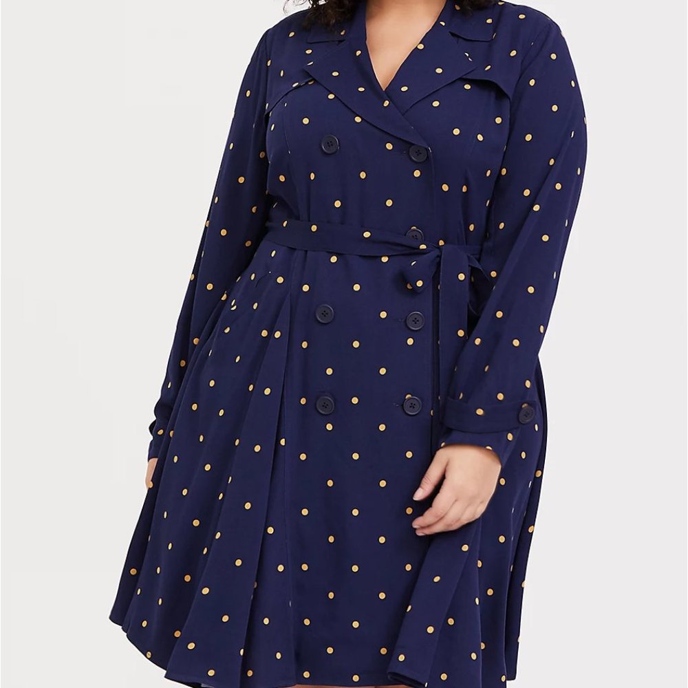 Navy Polka Dot Twill Fit & Flare Trench Coat